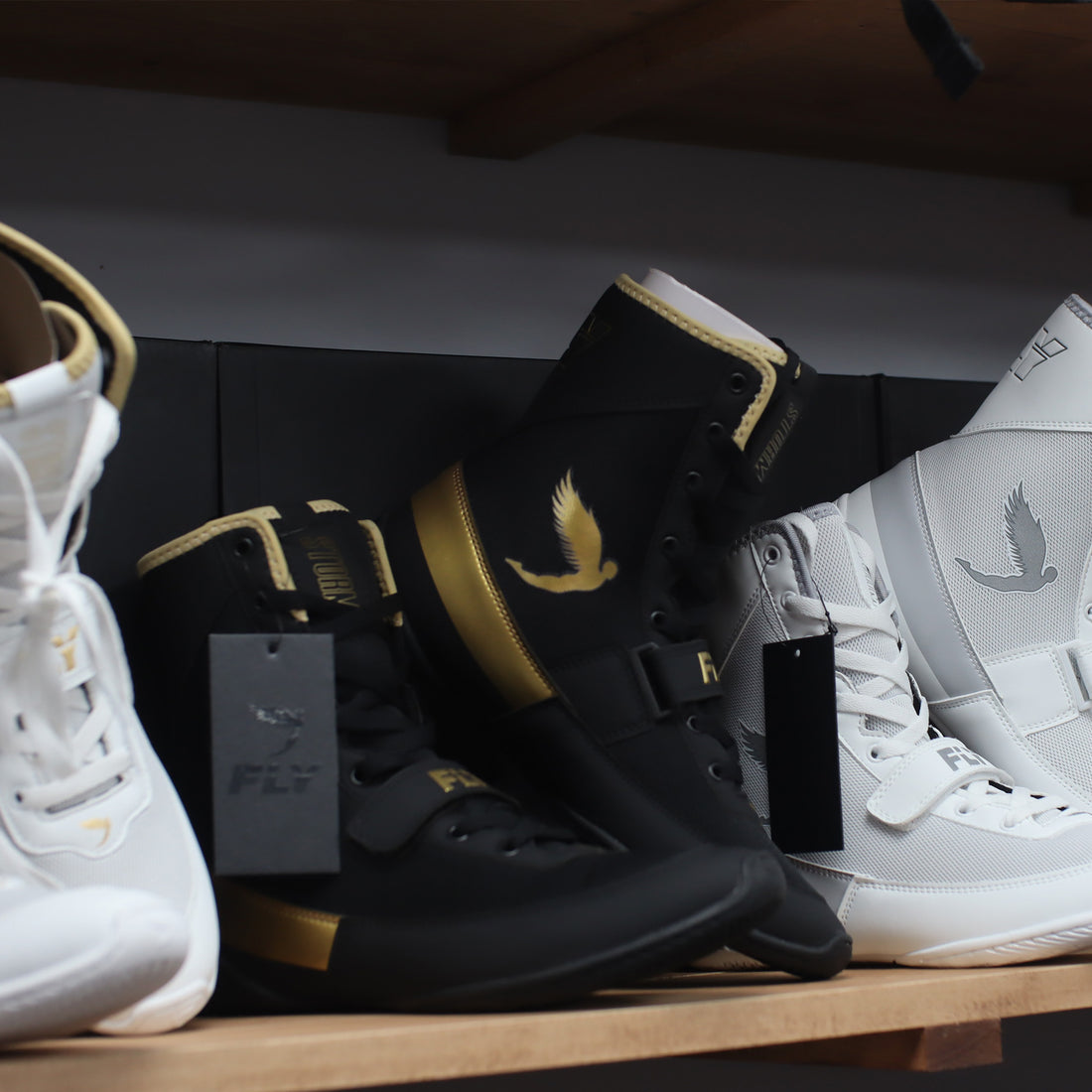 Fly boxing boots on display at Fightgear