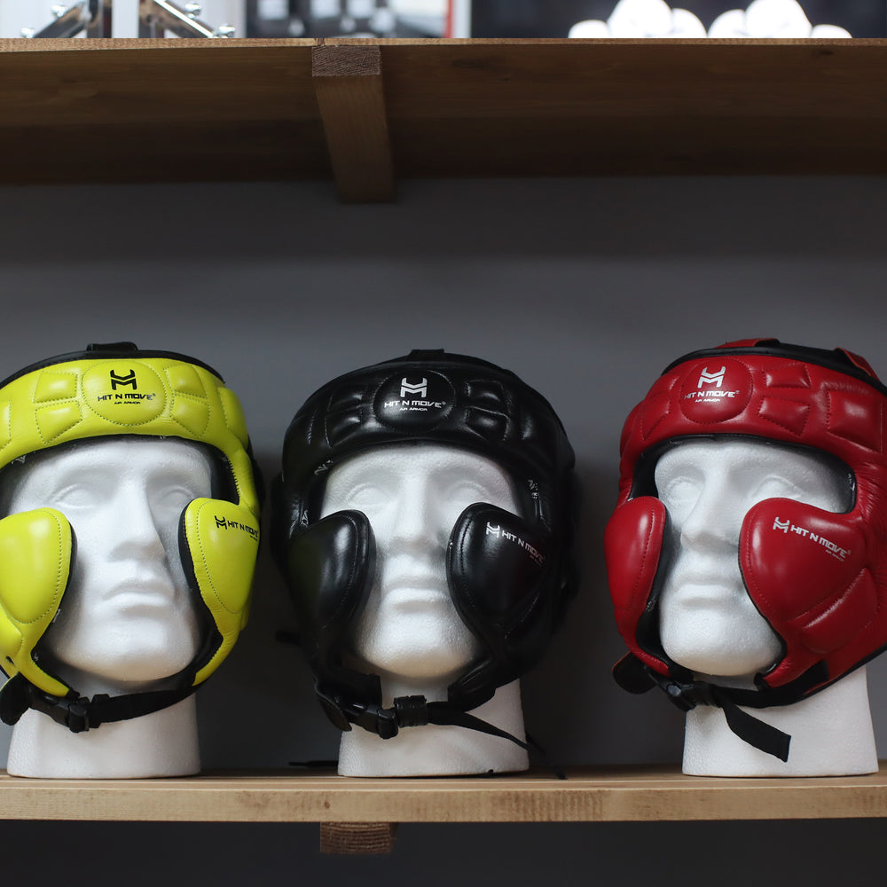 Hit N Move headguards on display in the Fightgear shop