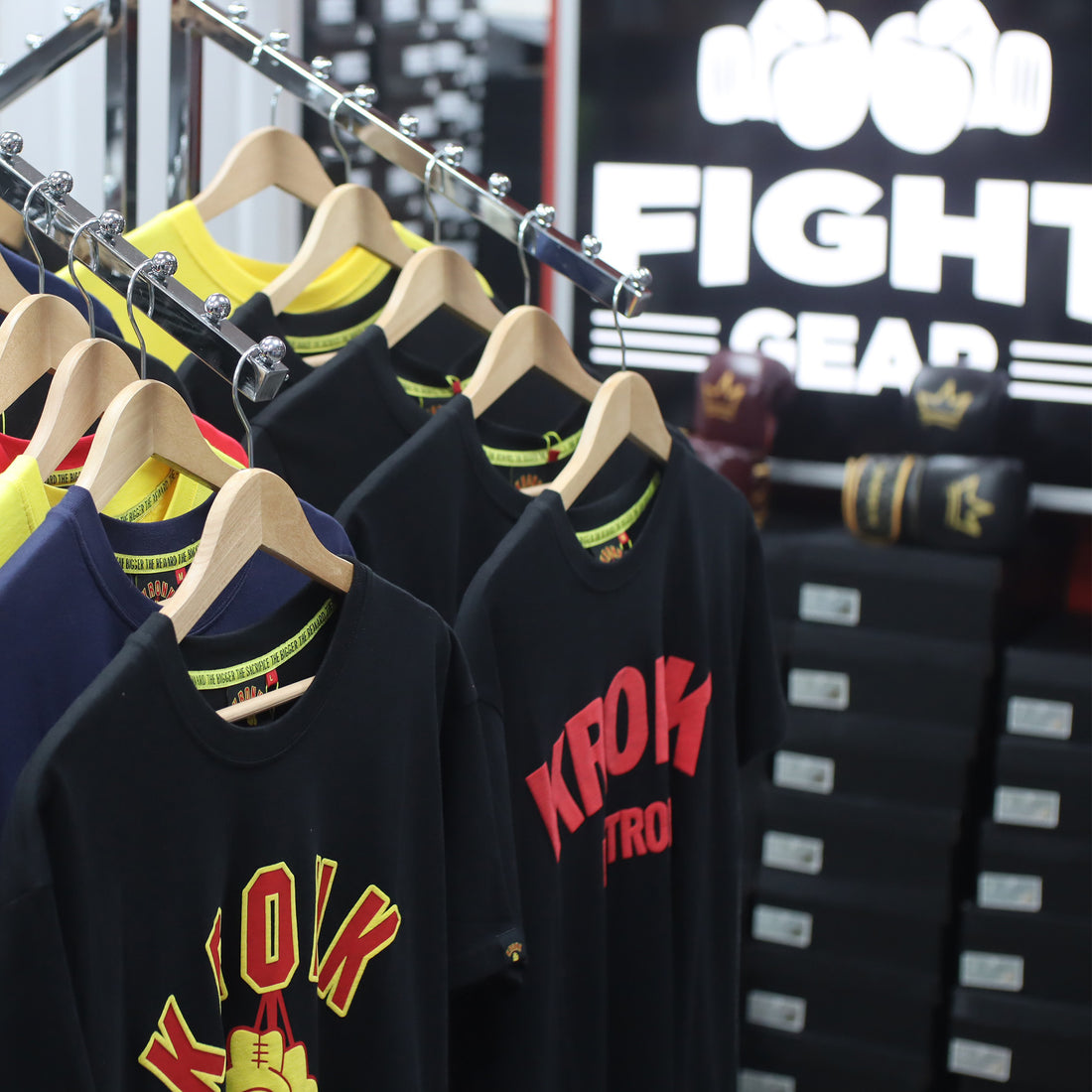 Kronk boxing clothing on display at Fightgear